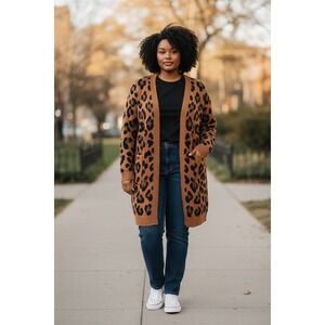 Nine West Leopard Fuzzy Open Front Cardigan Sweater XXL Brown Black Long Duster
